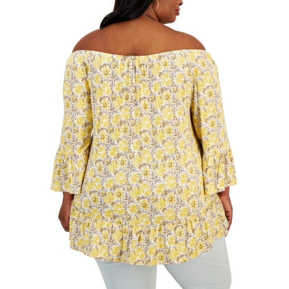 Style & Co. Plus Size 0X Yellow Floral Printed On-Off Top with 3/4 Sleeves NWT - Picture 2 of 6
